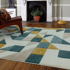 Tapis géométrique vert à motifs esquissés