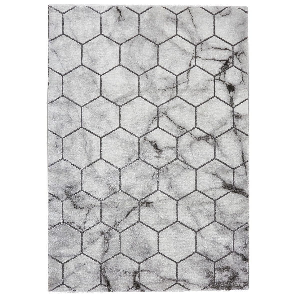 Tapis artisanal gris et argent à motif hexagonal