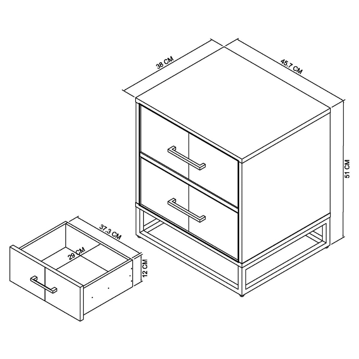 Table de chevet Riva rustique en chêne et métal à 2 tiroirs