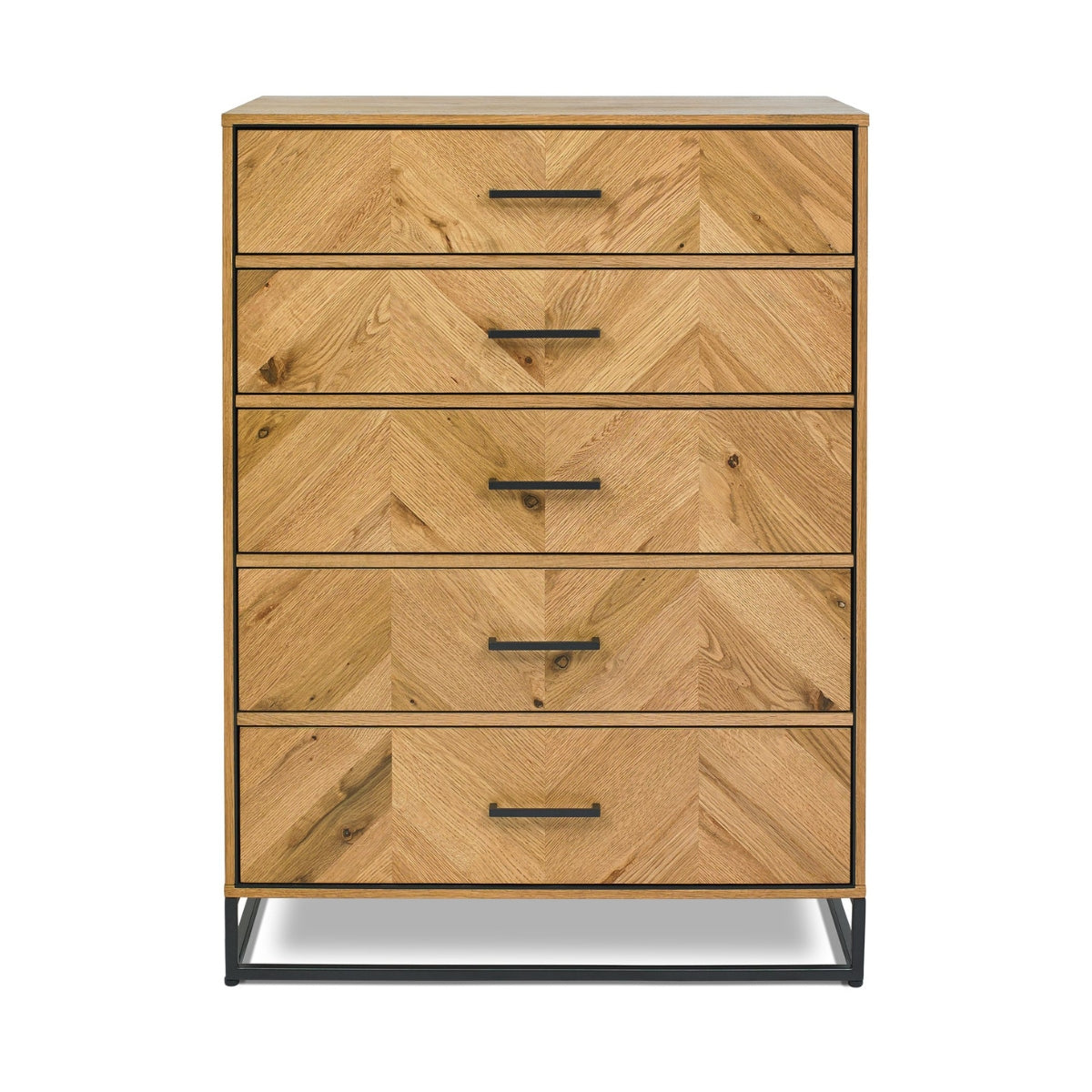 Commode haute Riva rustique en chêne et métal à 5 ​​tiroirs