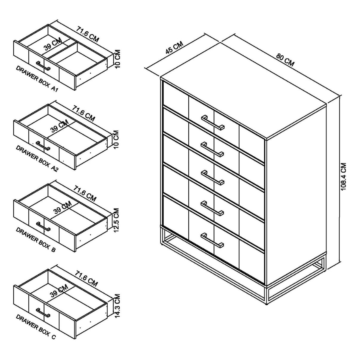Commode haute Riva rustique en chêne et métal à 5 ​​tiroirs