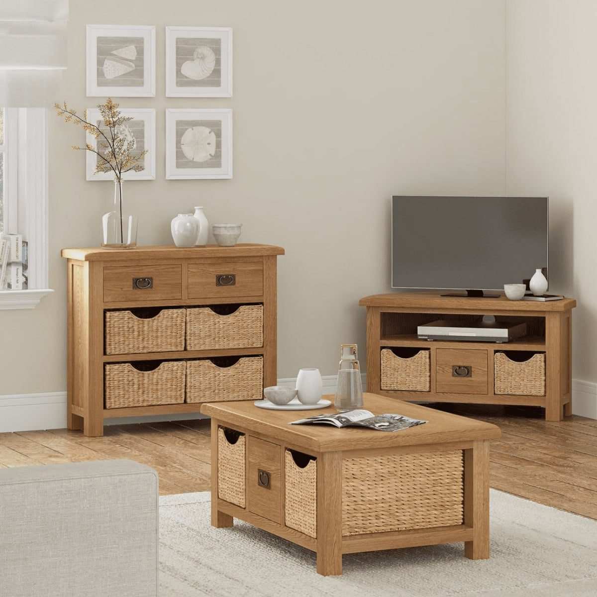 Meuble TV d'angle Sonia avec paniers